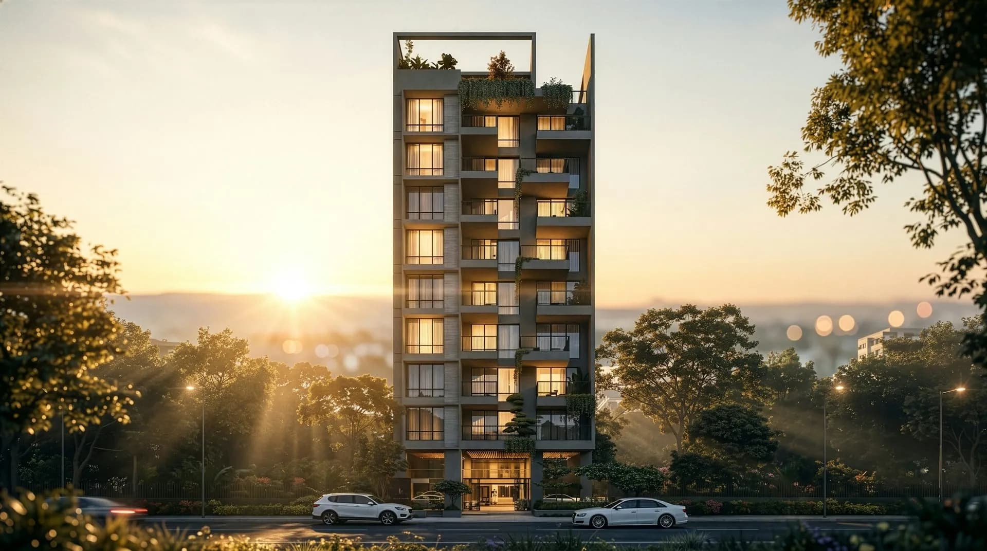 Rendering of a residential tower with green balconies as the sun rises behind trees