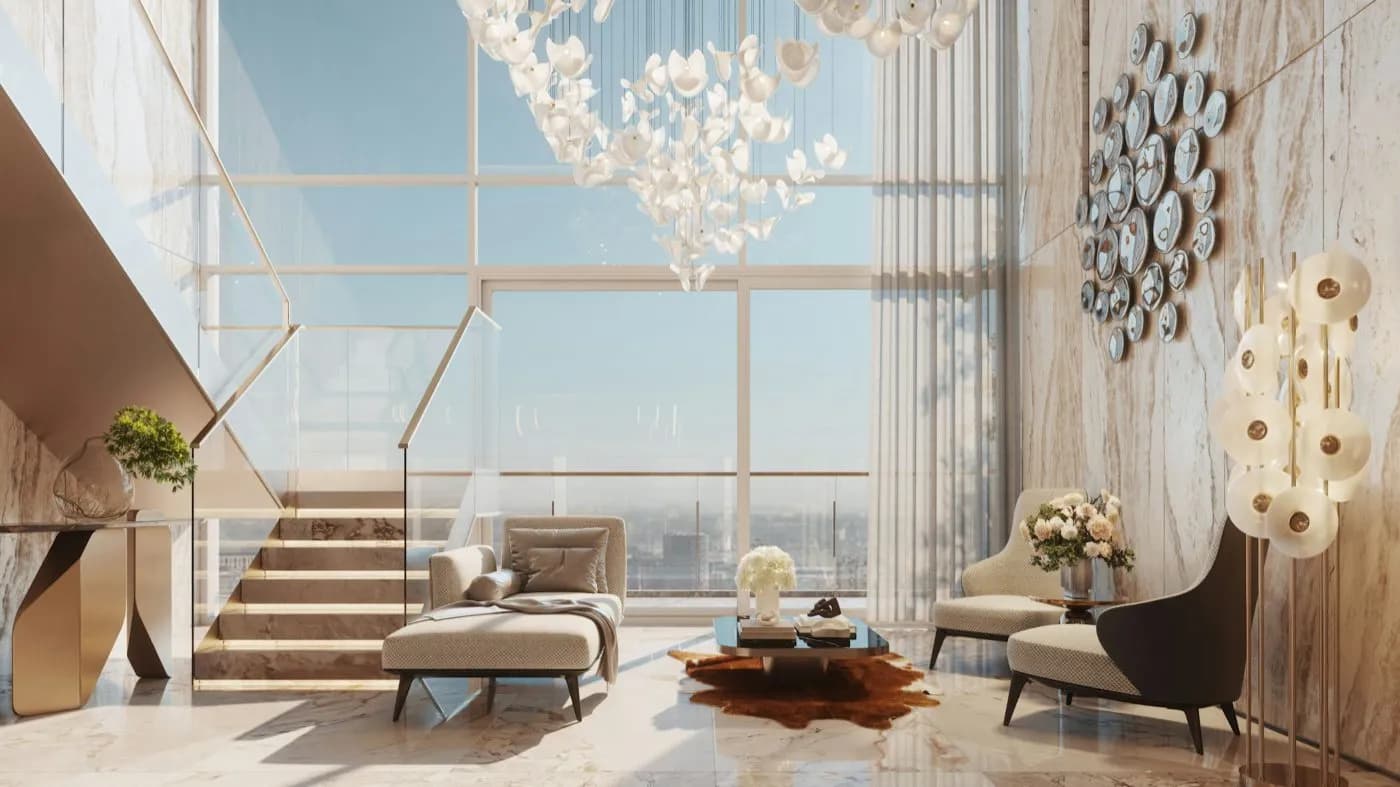 Rendering of a double-height living room with a staircase and large windows