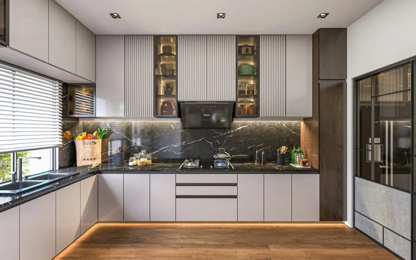 Rendering of a modern L-shaped kitchen with under-cabinet lighting