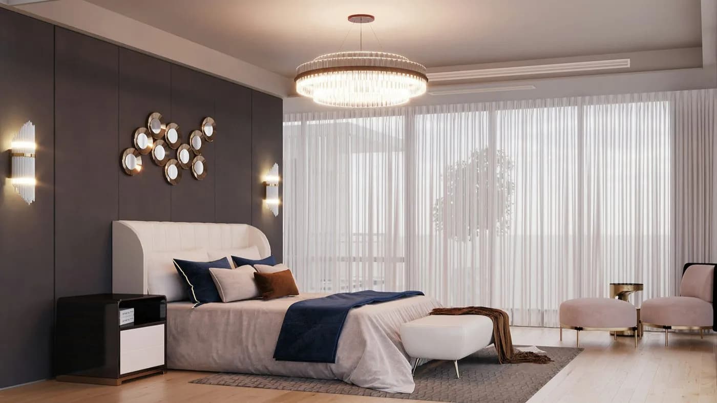 Rendering of a master bedroom with modern decor and large windows