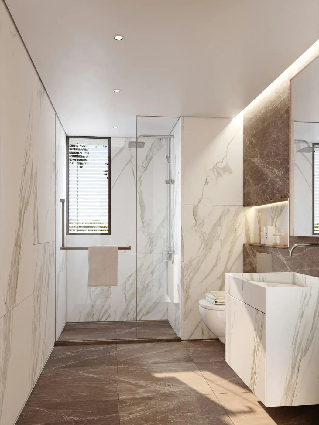 Rendering of a modern bathroom with marble walls and a sleek basin