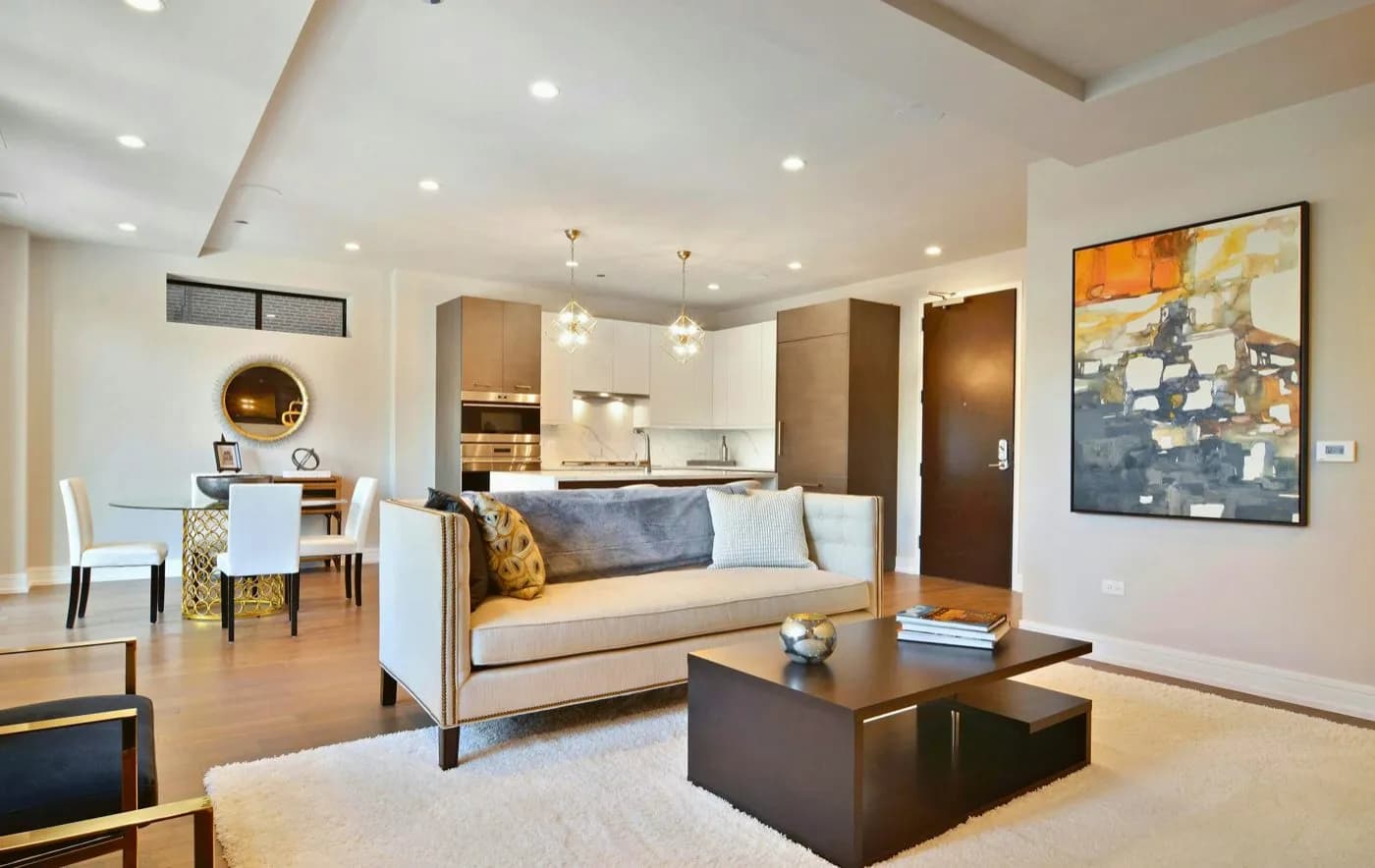 Modern living room with an open-concept kitchen